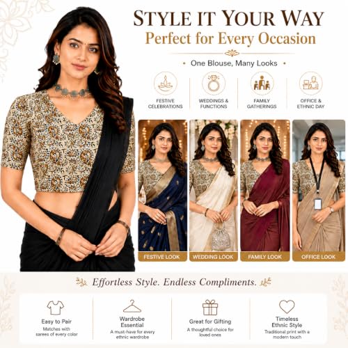 Image of Mogsa Women's Kalamkari Print Cotton Stretchable V-Neck Readymade Saree Blouse | Soft Cotton Blend | Stretch Fabric | Ready-to-Wear