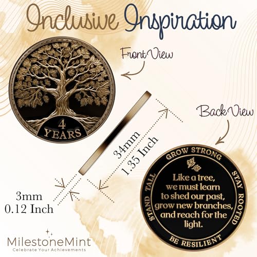 Image of MilestoneMint 4 Year Sobriety Coin Tree of Life Gift Set | Anniversary Sobriety Gifts for Men & Women | AA Coins and Medallions with Token Capsule, Stand & Card | 3D Texture, Recovery AA Chips