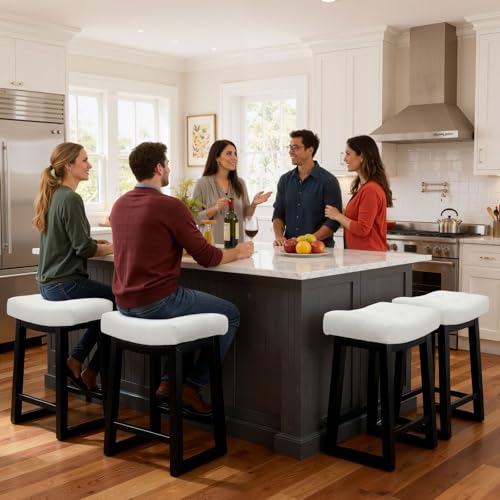 Image of Counter Height Bar Stools Set of 3, 24 Inch Backless Upholstered Counter Stools with Solid Rubberwood Legs, Modern Farmhouse Saddle Stools for Kitchen Island, Home Bar, White Linen Fabric