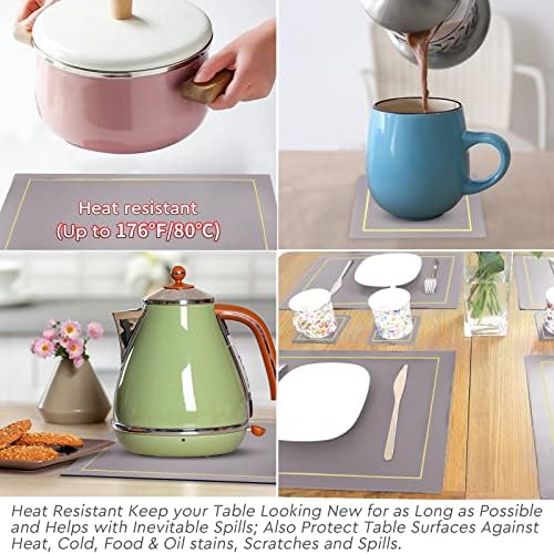 Ocves Placemats and Coasters Sets of 4, PU Leather Table Mats Heat Resistant Washable Waterproof Table Mats 45x30cm and Leather Coasters, Dinner Mats for Kitchen Dining Table Home Restaurant(Grey)