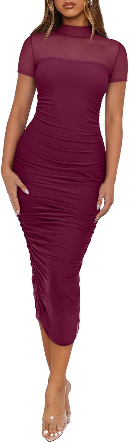 REORIA Women's Summer Mesh Sheer Short Sleeve Midi Ruched Bodycon Dress Mock Neck Elegant Evening Party Cocktail Dresses