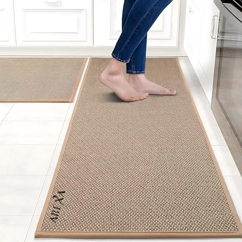 AREXA Non-Slip Kitchen Rugs and Mats Set of 2 Washable Rubber Backed Floor Mats for Sink Area, Laundry Room, Hallway 44x75cm + 44x120cm Water Absorbent & Anti-Fatigue Comfort