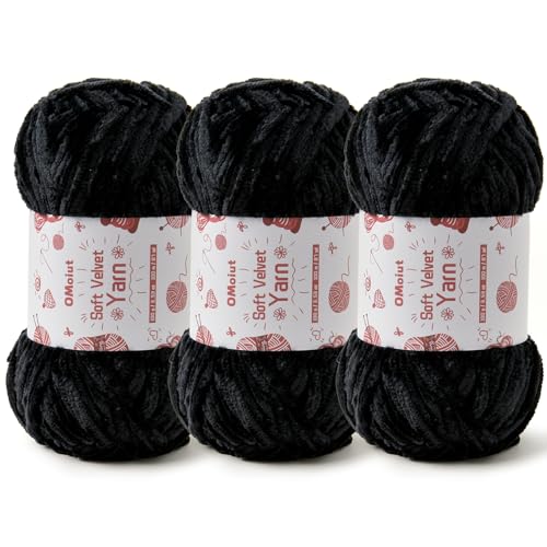 Image of 3x100g Fluffy Velvet Chenille Yarn for Crocheting and Knitting, 3x87.4yd Baby Yarn for Crocheting Soft, Crochet Chunky Yarn Amigurumi Yarns (Black)