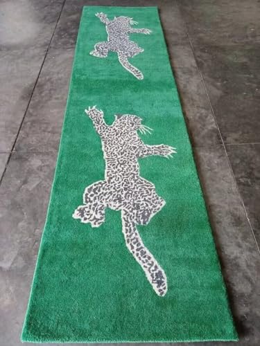 RIDA HANDLOOM Hand Tufted Leopard Hallway Runner Rug | Animal Print Leopard Runners for Hallways, Stair Treads & Bedroom (Green, 2.6 x 30 Feet)