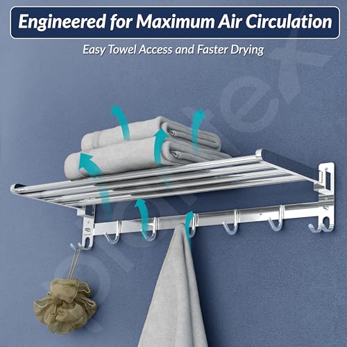 Image of Plantex Folding Towel Rack /Stainless Steel Towel Holder /24 Inch Towel Hanger for Bathroom /Towel Stand with Fix Hook /Bathroom Accessories - Pack of 1 (Chrome)