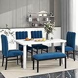 Dining Table Set, 6-Piece Dining Set with Marble Sticker Covered Table and 4 Flannelette Upholstered Dining Chairs & Bench, Dining Room Set, White+Blue