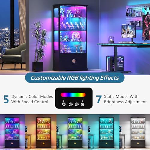 Image of TAGELIER Display Cabinet with Glass Doors and RGB LED Lights, 2 Drawers