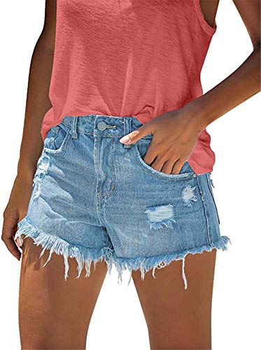 Image of onlypuff Women Denim Shorts Ripped Mid Waisted Jean Shorts with Pockets