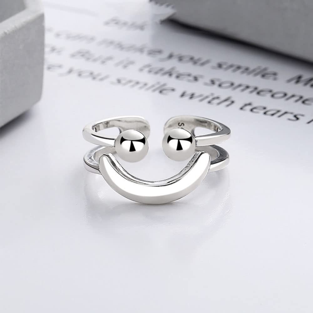 925 Sterling Silber Doppelter geometrischer Öffnungsring, Kreativer Ausdruck Smiley Ring, Einfacher Schmuck Geschenke für Männer und Frauen