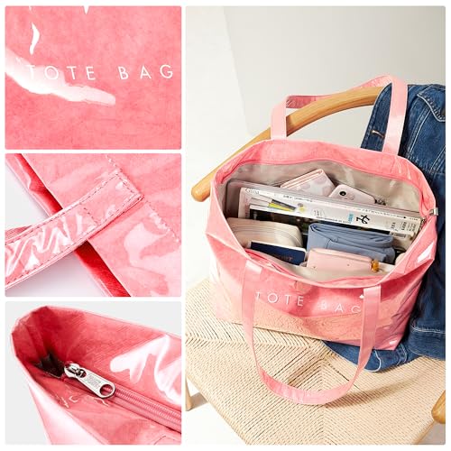 Image of KALIDI PVC Zipper Tote Bag, Jelly Kraft Paper Beach Bag Large Hobo Carry All Travel Shopping Handbag Plastic Shoulder Bag