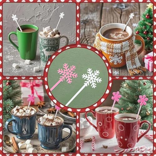 30 Pcs Snowflake Coffee Stirrers Winter Stir Sticks Hot Chocolate Bar Essentials Hot Cocoa Bar Supplies Christmas Stir Sticks Reusable Beverage Stirrers for Home Party Decor (White, Pink) - Image 9