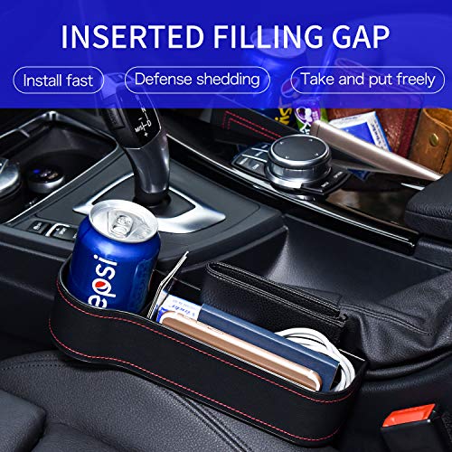 Car Seat Gap Filler Organizer 2 Packs PU Leather Front Seat Organizer with Cup Holder, Storage Box, Console Side Pocket for Cellphone, Wallet, Coins, Keys, Cups, Cards, Sunglass (Black)