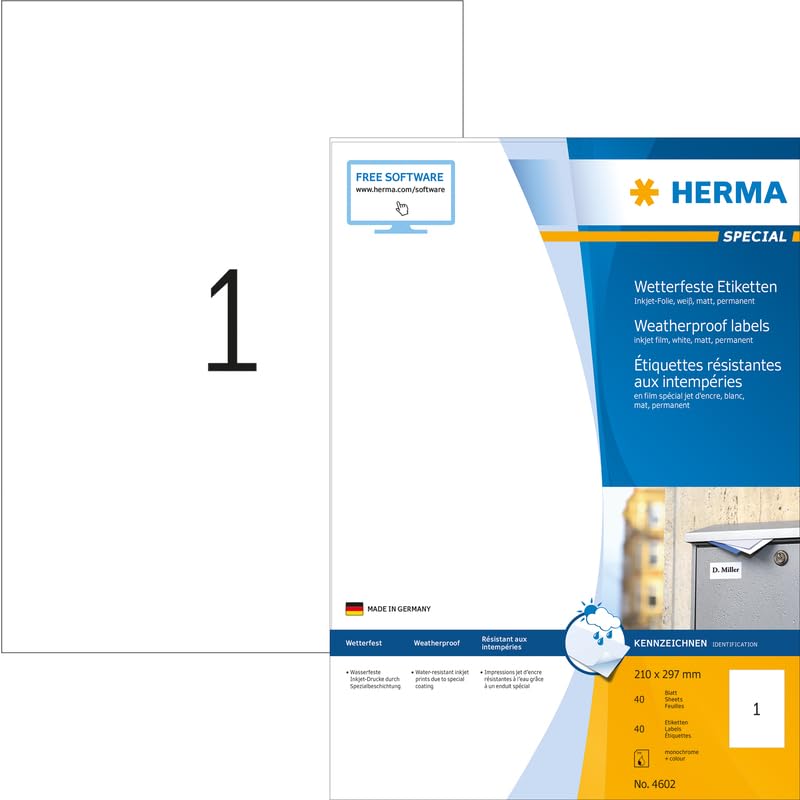 HERMA Etichette Universali, 210 x 297 mm, Etichette Adesive A4 per Stampante, 1 Etichette per Foglio, Bianco