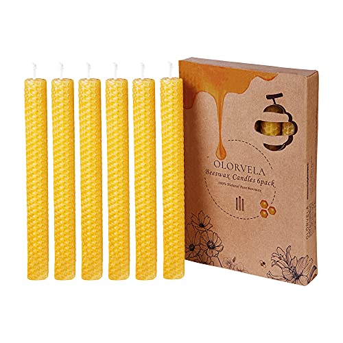 olorvela Taper Candles Handmade Beeswax Candles 6 Pack, Hand-Rolled Candles Made of 100% Pure Beeswax, Natural Scent, Smokeless and Dripless Tapers(Raw, 8