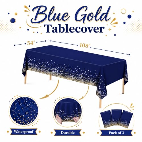 Image of Blue Orchards Blue and Gold Dots Table Cover (Pack of 3 with 20 Glue dots) - 54 inchx108 inch XL - Plastic Tablecloth, Anniversary, Wedding, Graduation Decoration, Picnic & Golden Birthday Party Supplies