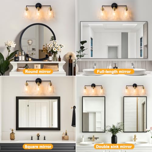 Image of WILON 3 Light Bathroom Light Fixtures Hammered Glass Vanity Light | Modern vanity light with hammered glass shades and black gold finish Ideal for bathroom mirror, makeup and dressing areas