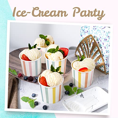 Image of MATICAN Paper Ice Cream Cups, 100-Count 11-Oz Disposable Dessert, Snack Bowls for Hot or Cold Food, 11-Ounce Party Supplies Treat Cups for Sundae, Frozen Yogurt, Soup, Pastel Stripes