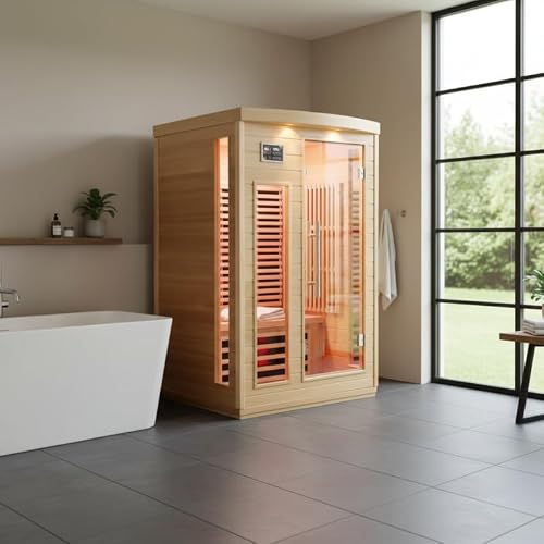 SNÖ Sauna Infrarouge Extérieur 2 Places 2050W | Bois Hemlock Durable avec Panneaux Carbone | Bluetooth, Ionisateur, Éclairage LED | Porte en Verre Sécurisé