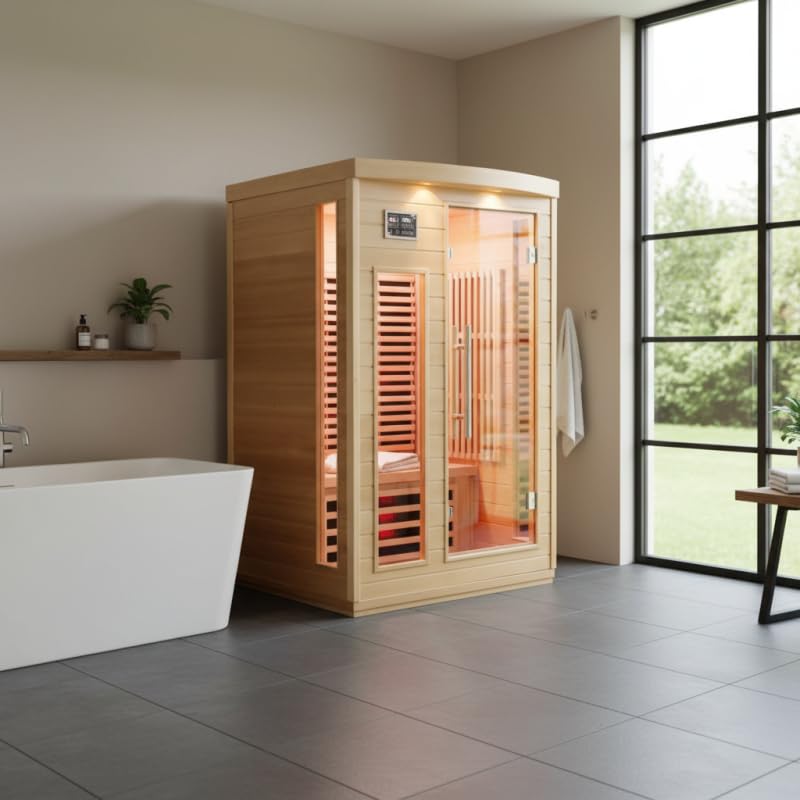 SNÖ Sauna Infrarouge Extérieur 2 Places 2050W | Bois Hemlock Durable avec Panneaux Carbone | Bluetooth, Ionisateur, Éclairage LED | Porte en Verre Sécurisé
