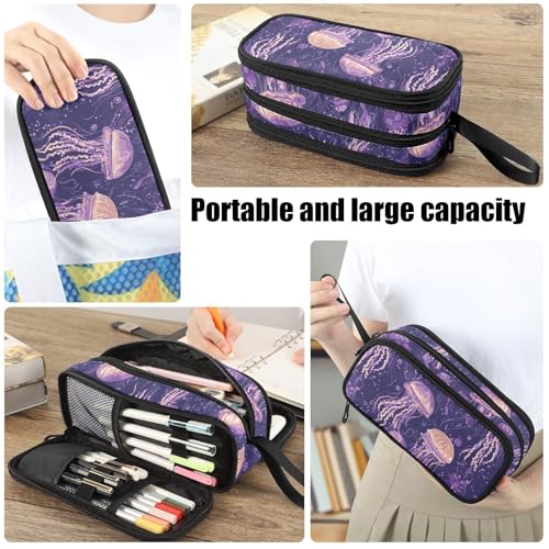 Image of Fustylead Magical Purple Floral Jellyfish Large Pencil Bag Storage Pen Case Makeup Pouch Stationery Bag for School College Office Organizer