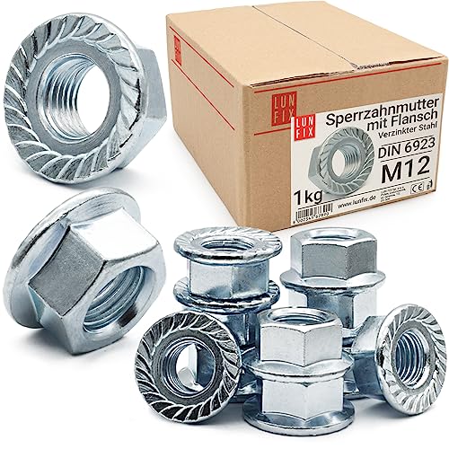 Dado Esagonale con Flangia Zigrinata M12 DIN 6923, 1 Kg (ca. 50 pezzi), Acciaio Zincato, Dado Filettato per Viti, Barre Filettate e Bulloni Metrici, Uso Professionale e Fai da Te, Lun Fix