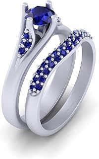 Solid 925 Sterling Silver 0.75ct Blue Synthetic Sapphire Wedding Ring Matching Band Set For Women