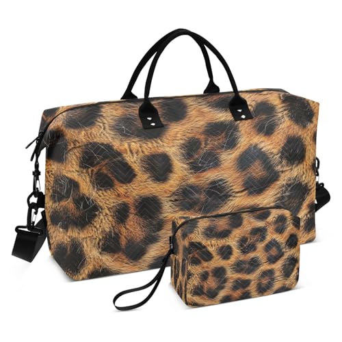 Brown Leopard Print Texture Travel Duffel Bag Large Capacity Weekender Bag with Toiletry Bag Detachable Shoulder Strap Travel Tote Bag for Women