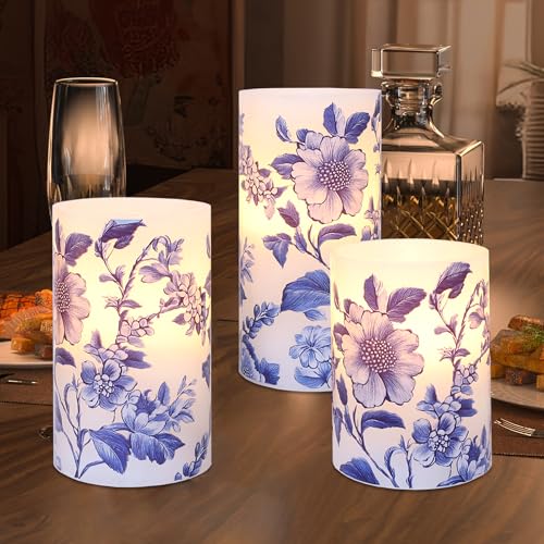 Image of Flameless Candles Blue and White Porcelain Floral Chinoiserie Decor Battery Operated with Remote Real Wax Dripless Candle Vintage Decorative for Christmas Gift Wedding Home Party Decor