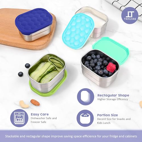 Image of Tanjiae 4Pack 8oz Small (1 CUP) Stainless Steel Snack Containers for Kids | Reusable Easy Open Toddler Snack Containers with Silicone Lids | Stackable Toddler Lunch Box for Daycare, School and Travel