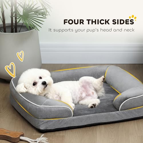 PawHut Memory Foam Dog Bed Sofa, Washable Orthopedic Dog Bed Couch with Removable Flannel Cover, 3-Sided Pet Pillow with U-Shape Bolster, Non-Slip Bottom, Grey, 70 x 60 x 16.5 cm - Image 5