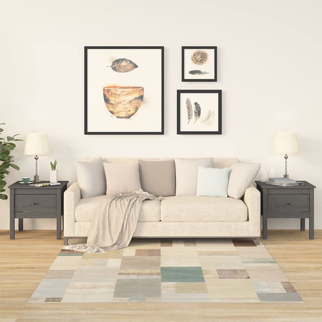 SXZenSpace Pair of Grey Solid Pine Side Tables 50x50x49 cm, Small Coffee Table with Drawer for Living Room Bedroom Hallway, Compact End Set 2