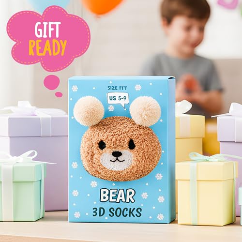 Image of POPCRAZE Bear Gift Fuzzy Crew Socks with 3D Ears Unisex Size 5-9