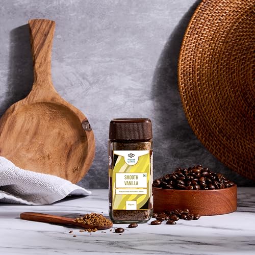 Image of Planet Coffee Smooth Vanilla Flavoured Instant Coffee | 100% Pure Arabica | 50g Glass Jar | Freeze-Dried | No Added Sugar | Medium Roast | Makes 25 Cups