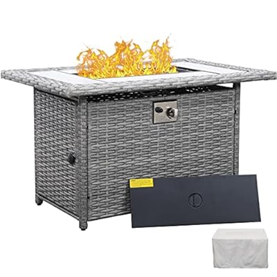 60000 BTU Wicker Gas Fire Pit Outdoor Fire Pit Table 45 Inch Fire Pits for Outside with Woodgrain Marble Tabletop Fire Pit Cover and Blue Crystal Beads