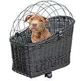 Fahrradkorb für Hunde – mit Gitterhaube, Befestigung für Gepäckträger, herausnehmbarem Kissen – Handgeflochten, stabil, schwarz, aus Weide – Hundekorb Fahrrad 60 × 39 × 50 cm