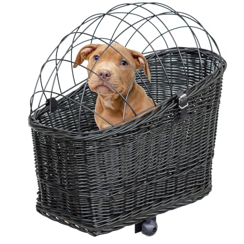 Fahrradkorb für Hunde – mit Gitterhaube, Befestigung für Gepäckträger, herausnehmbarem Kissen – aus Weide – Hundekorb Fahrrad 60×39×50 cm (SCHWARZ)