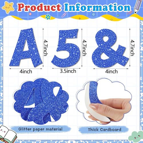 Image of Colarr 144 Pcs Glitter Bulletin Board Letters for Classroom Number Alphabet Punctuation Symbol Cutout 4'' Die-Cut Poster Letter with Adhesive Dot School Party Holiday Decor Display(Blue)
