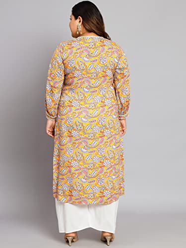 Tissu Women's Plus Size Yellow & Pink Printed Kurta with Palazzo3