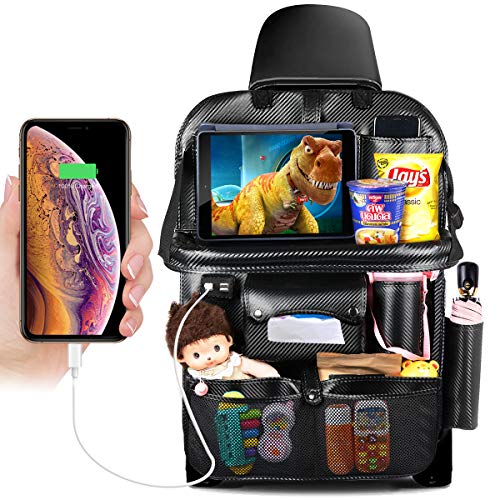 DRIVIM Car Backseat Organizer, Multifunctional Premium PU Leather Travel Car Organizer for Kids with Foldable Tray, iPad Phone Umbrella Bag, Tissue Box, 3 Mesh Bags, 1 Large Bag 4-USB Port (Black)