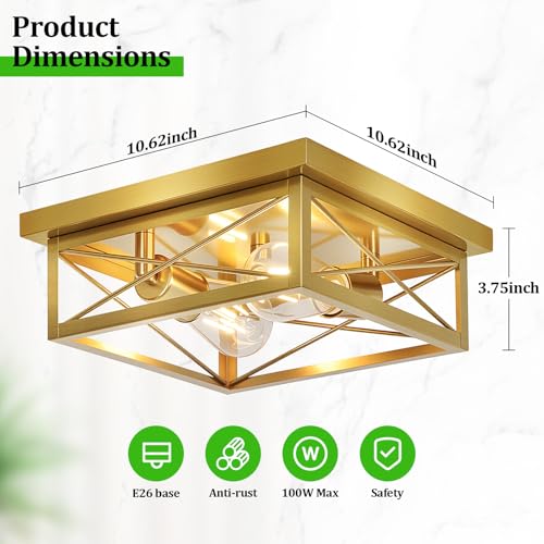 Kondras Gold Hallway Light Fixtures Ceiling, 2-Light Farmhouse Vintage Flush Mount Ceiling Lights, 2-Pack Brass Metal Kitchen Light Fixtures, Close to Ceiling Lights for Bedroom Living Room Entryway by Kondras - Image 2