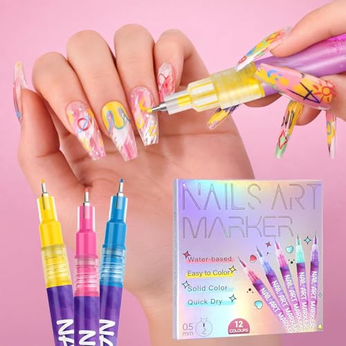 Image of 12 Colors DIY Nail Art Pens Set | 0.5mm Ultra Fine Nail Art Marker Pens | Quick Dry Waterproof Nail Polish Pens for DIY Nail Painting | Nail Art Kit for Women & Kids