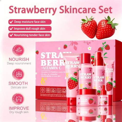 6 Pcs Strawberry Skincare set for Teens,Kids Skin Care Kit for Girls,Korean Travel Kit with Cleanser,Toner,Lotion,Serum,Eye Cream,Cream,Cute Stuff,Teen Girl Gifts Trendy Stuff,Girl Birthday Gifts - Image 2