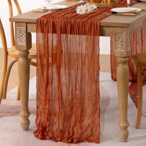 Image of MLMC 3 Pack Terracotta Table Runner 10ft Rustic Burnt Orange Cheesecloth Table Runner 35 x 120 inches Boho Cheese Cloth Centerpiece for Wedding Bridal Shower Pinic Thanksgiving Decor
