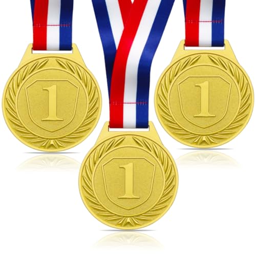 Donrime Medallas de 3 Piezas para Niños, Medallas de Metal Dorado de 6,5 CM Medallas del Día de los Deportes con Collar de Cinta para Competiciones de Gimnasia, Regalos de Fiesta, Niños Adultos