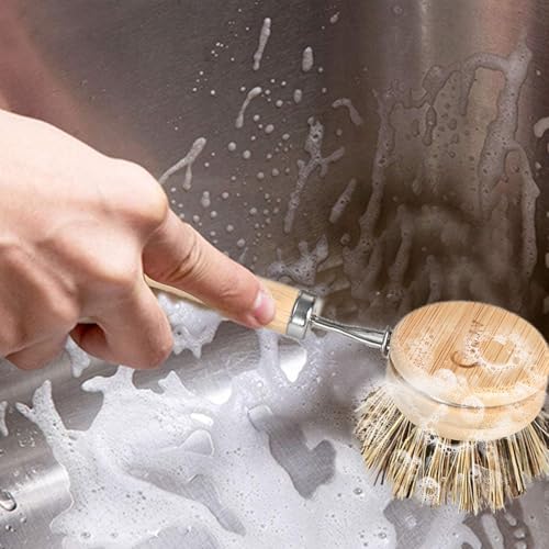 Image of Bamboo Dish Scrubber with Handle - Hard Bristle Natural Bristle Brush Sustainable & Biodegradable Kitchen Scrub Brush for Dishes Pans and Pots