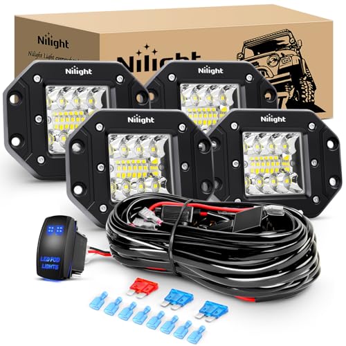 Nilight 4PCS 42W Flush Mount LED Pods Spot Flood Combo Beam Driving Backup Reverse Grill Mount Light with 16AWG LED POD Lights Wiring Harness Kit -4 Leads