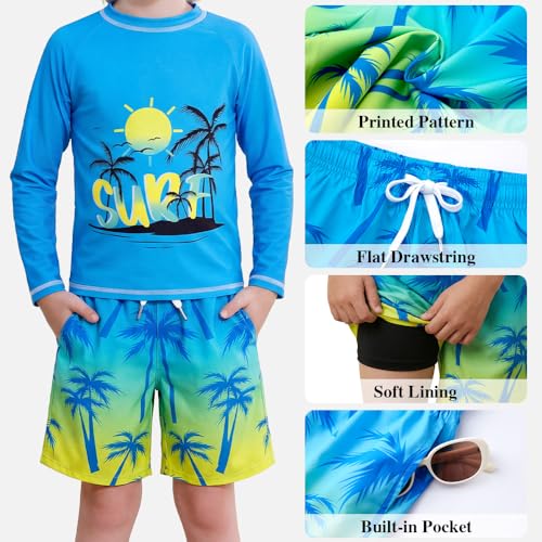 Image of Boys Two Piece Rash Guard Swim Set Toddler Kids Long Sleeve Bathing Suit Swimwear Shirt with Trunks Quick Dry 5-12Y
