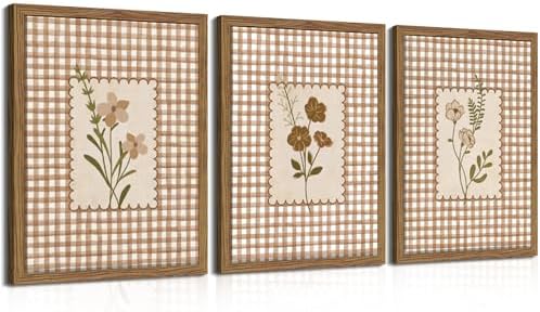Framed Vintage Floral Wall Art Set of 3, Neutral Wildflower Botan...
