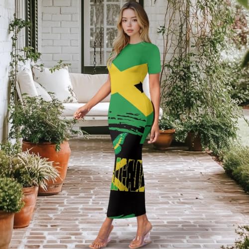 Image of Womens Short Sleeve Jamaican Flag Midi Bodycon Dress | Soft stretchy fabric,crew neck,jamaican print casual date night cocktail party, elegant chic, spring summer fall all season