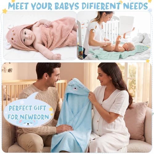 Image of SmoothNovelty 6 Pack Baby Hooded Towels Infants and Toddlers Coral Fleece Baby Bath Towels 31.5 x 31.5 Inch Absorbent Cute Soft Newborn Bath Essentials Gifts for Boys & Girls (Multicolor,Cozy)